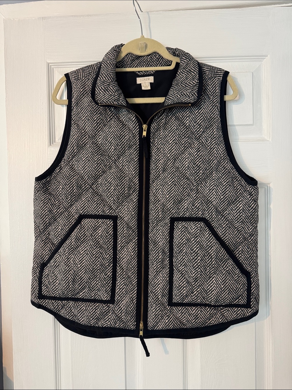 J. Crew Black and White Herringbone Quilted Zip Vest